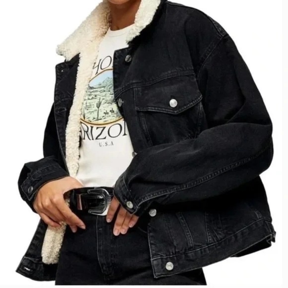 Topshop Moto Sherpa Lined Black Denim Jacket - Picture 1 of 11